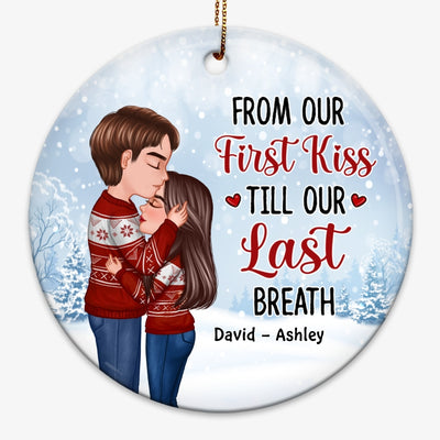 Doll Couple Kissing Under Snow Personalized Circle Ornament