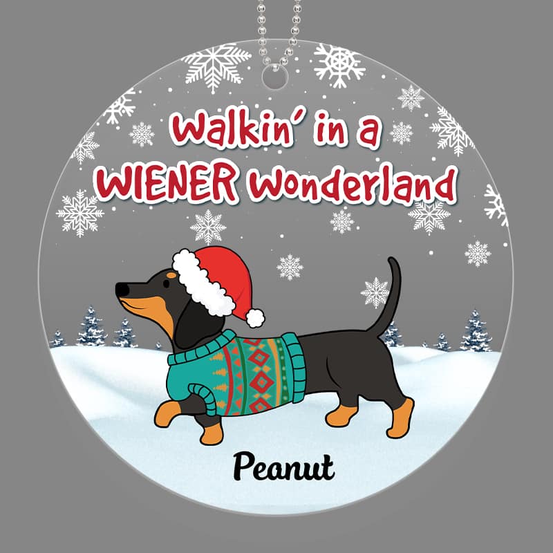 Dachshunds Walking In Wiener Wonderland Snow Background Personalized Acrylic Ornament