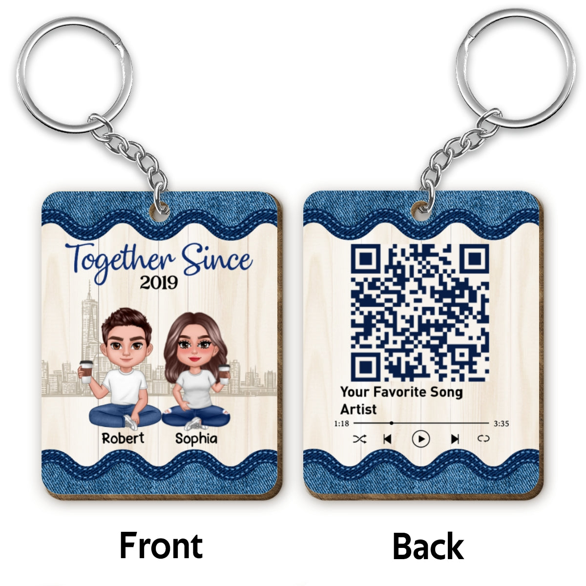 Doll Couple Sitting Denim Frame Favorite Song Scannable QR Code Personalized Wooden Keychain