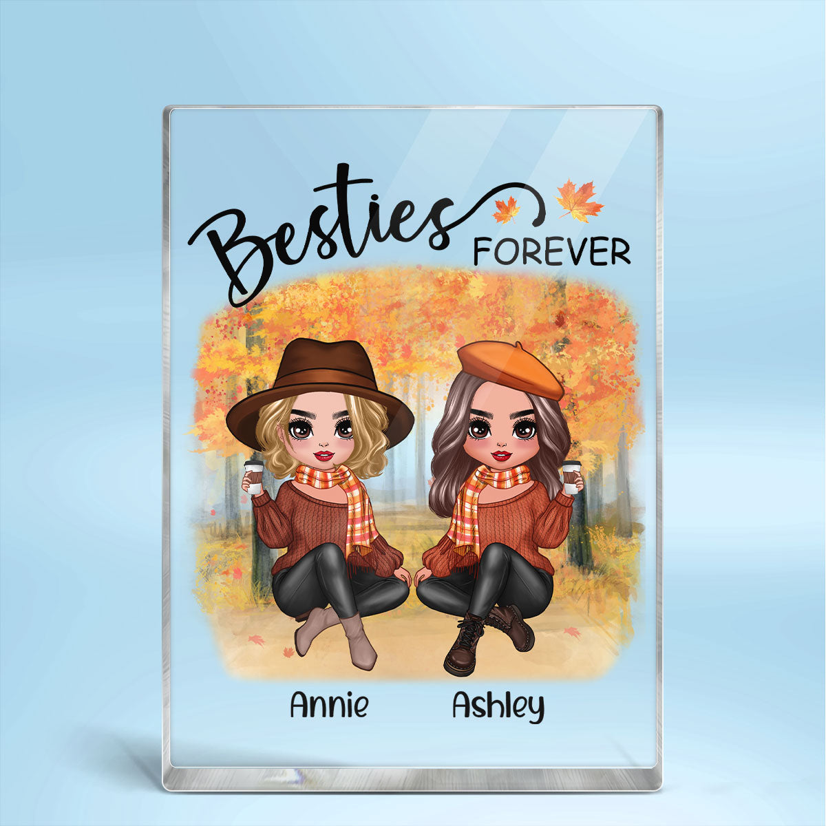 Doll Best Friends Besties Sitting Fall Season Personalized Rectangle Acrylic Block Plaque