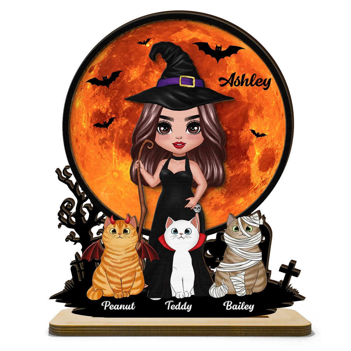 Witch Cat Mom Under Halloween Moon Tabletop Tier Tray Decor Personalized 2-Layer Standing Wooden Plaque