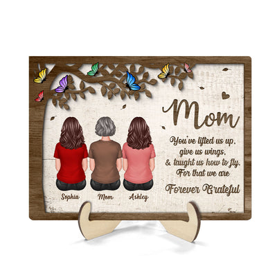Mom And Daughters Sons Sitting Under Tree Butterflies Mother‘s Day Gift Personalized 2-Layer Wooden Plaque