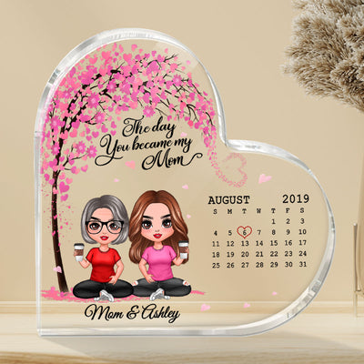 Doll Mother And Daughter Son Under Pink Heart Tree The Day You Became My Mom Calendar Date Personalized Heart Acrylic Plaque