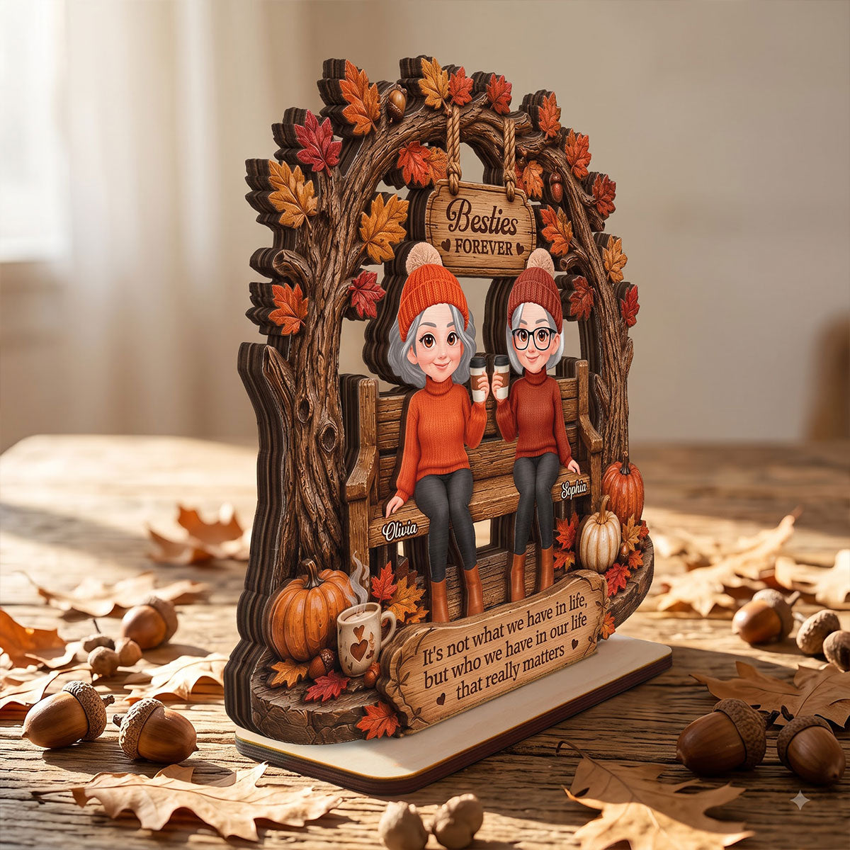 Fall Season Besties Under Tree Arch 2D Flat - Personalized Wooden Plaque - Fall Season Gift For Besties