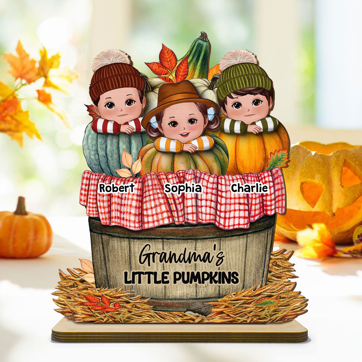 Cute Kids Grandma's Pumpkin Fall Season Personalized 2 Layer Standing Wooden Plaque