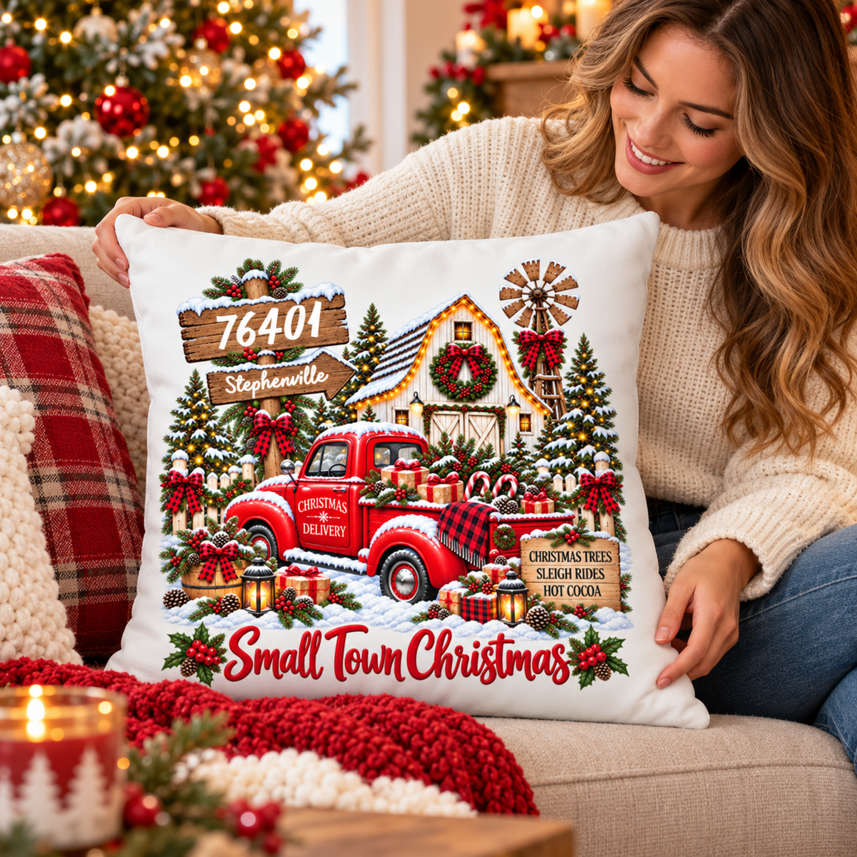 Custom Zip Code Small Town Christmas - Personalized Pillow - Trendy Christmas Holiday Tee, Town Pride