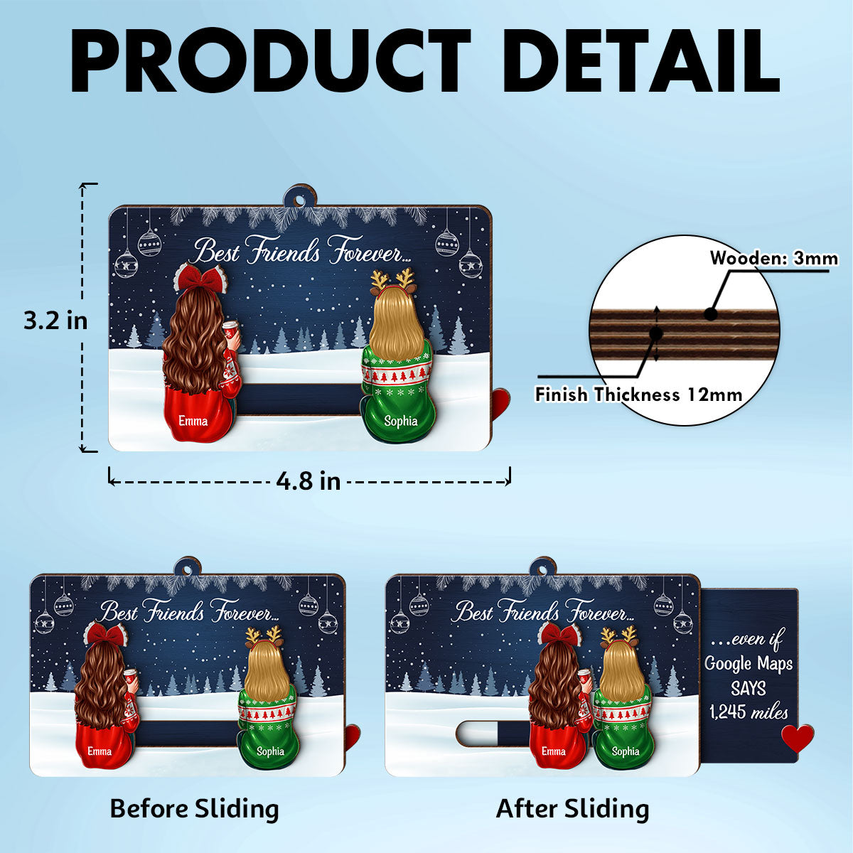 Hidden Message Besties Sisters Long Distance - Personalized Slider Ornament - Christmas Gift