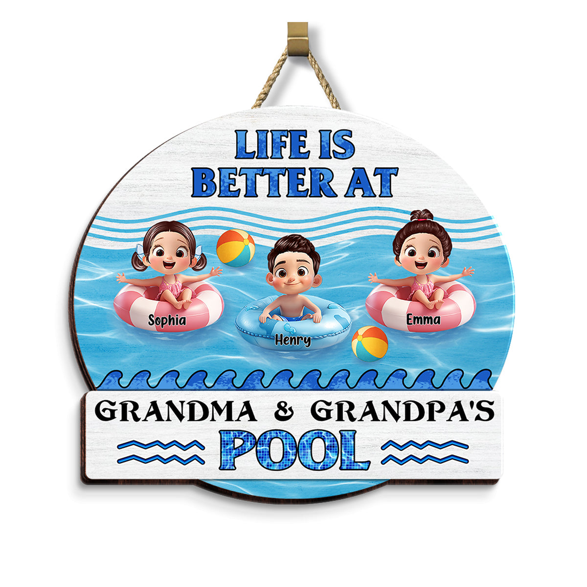 Life is Better at Grandma & Grandpa Pool Personalized Wooden Door Sign, Grandchildren Welcome Sign