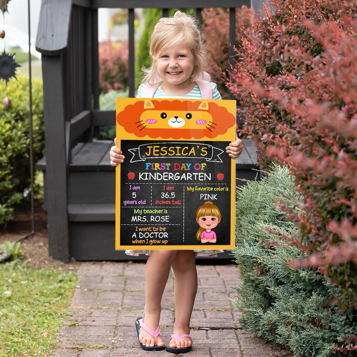 Lion Elephant Cute Kid First Day Of School Personalized Reusable Board Sign, Back To School Gift