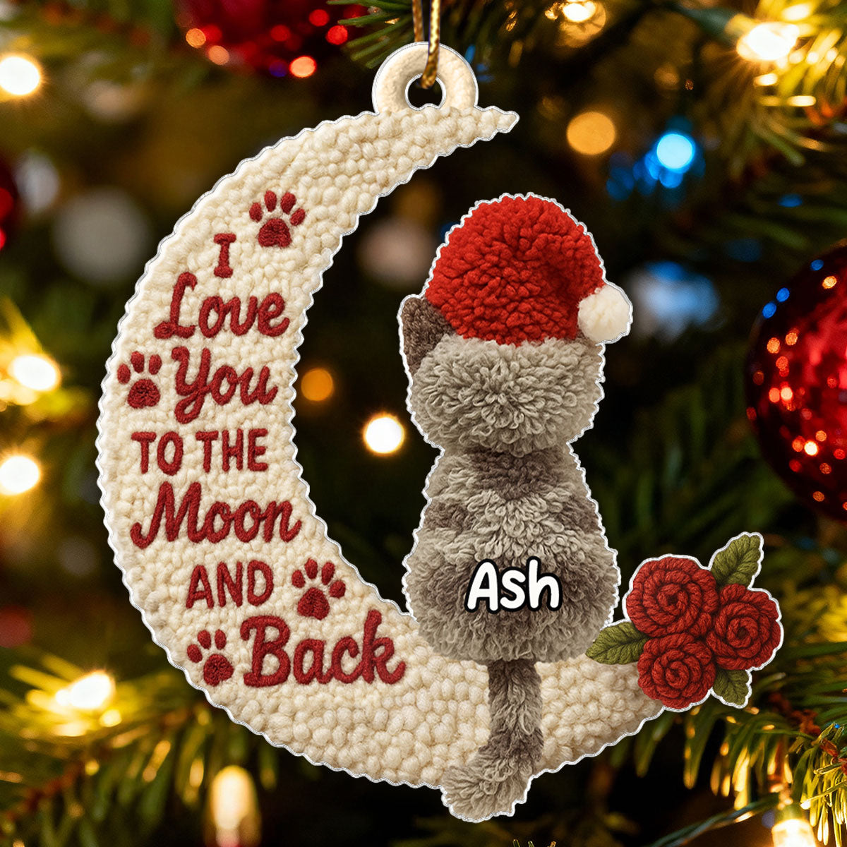 Love My Cats to the Moon and Back Latch Hook Yarn Faux - Personalized Acrylic Ornament - Christmas Gift for Cat Lovers