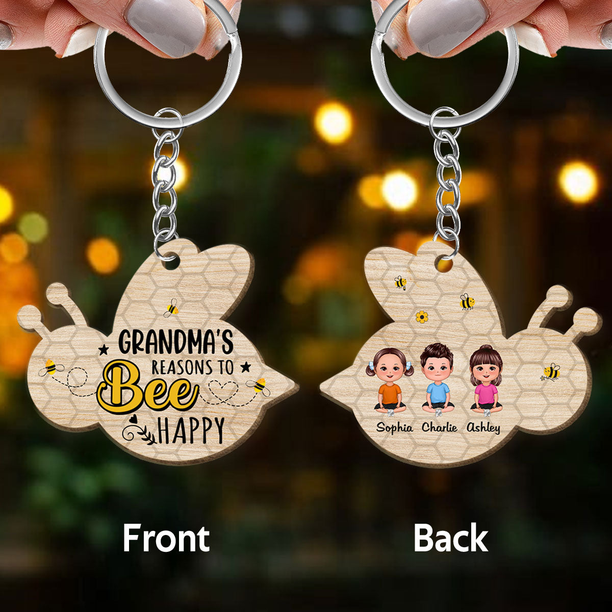 Grandma‘s Reasons To Bee Happy Personalized Wooden Keychain