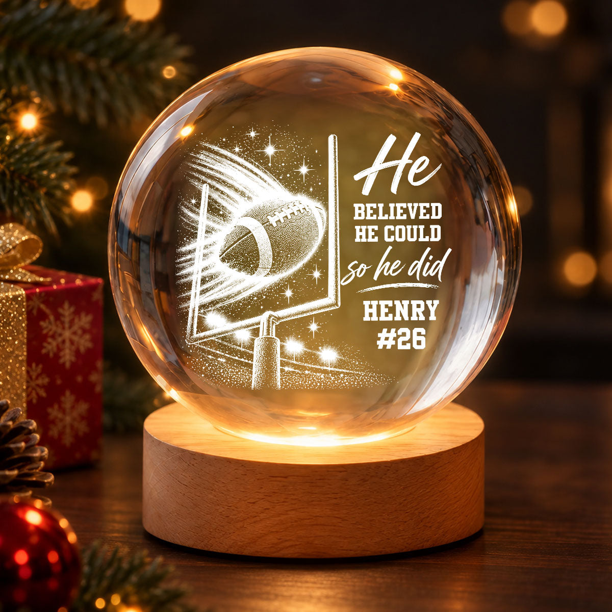 Proud American Football Player Name And Number - Personalized Crystal Ball - Christmas Gift For Teenagers, American Football Players, American Football Lovers, Daughter, Granddaughter, Son, Grandson