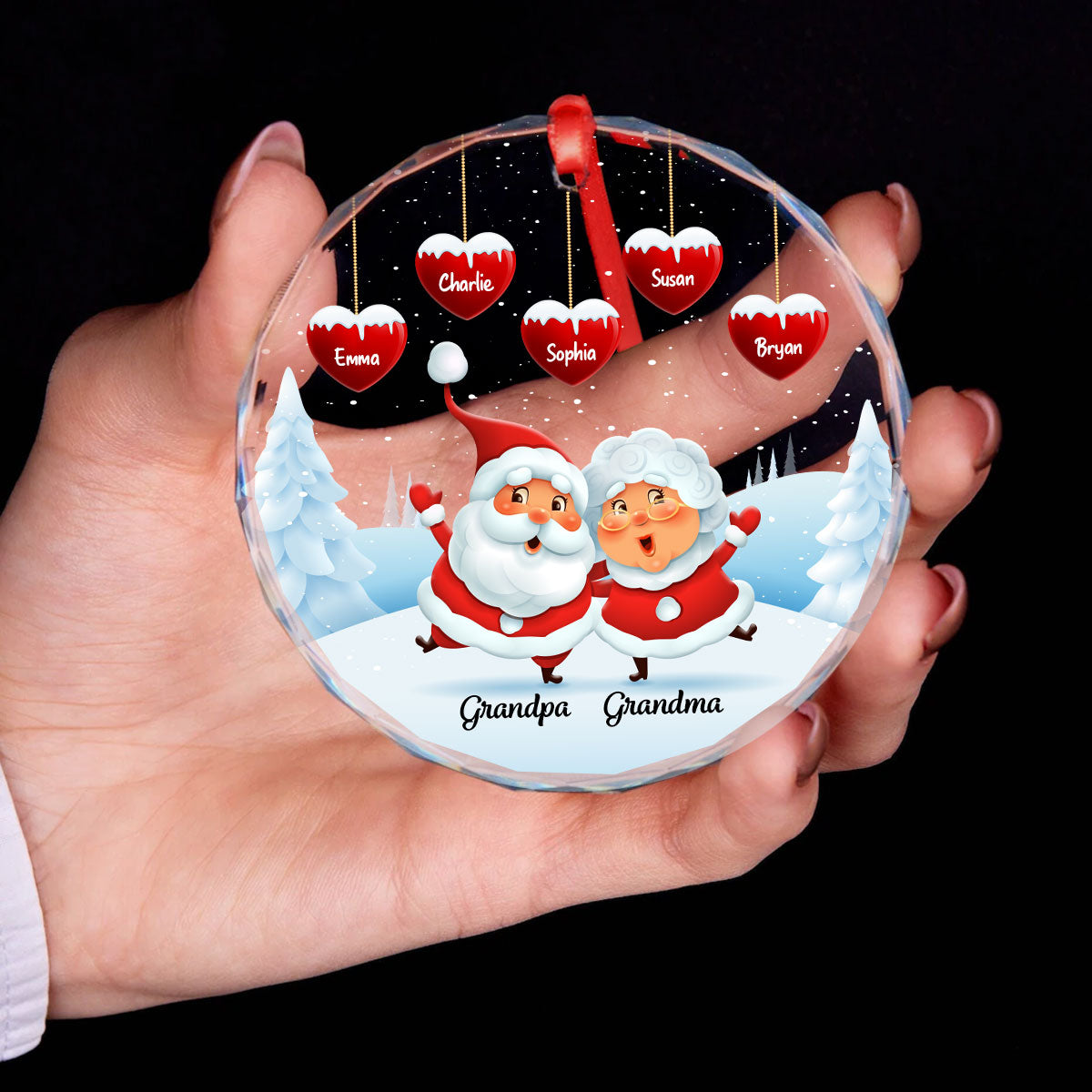 Papa Nana Claus Hearts Kids Names Personalized Glass Ornament