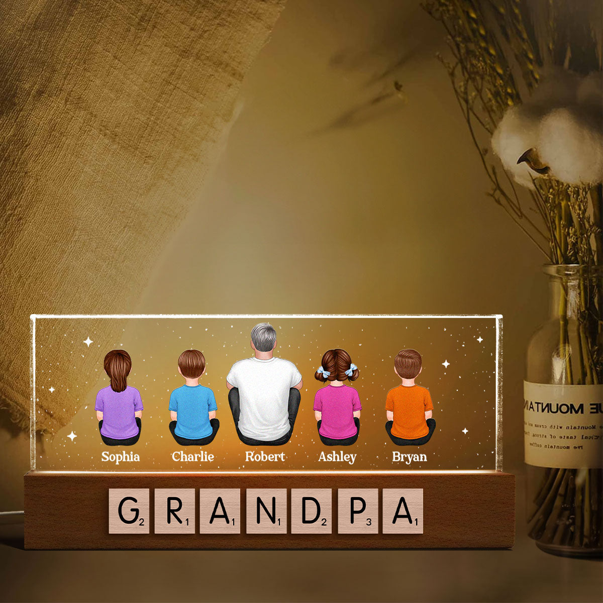 Daddy Grandpa Letters Wood Texture Sitting Back View Personalized Acrylic LED Night Light