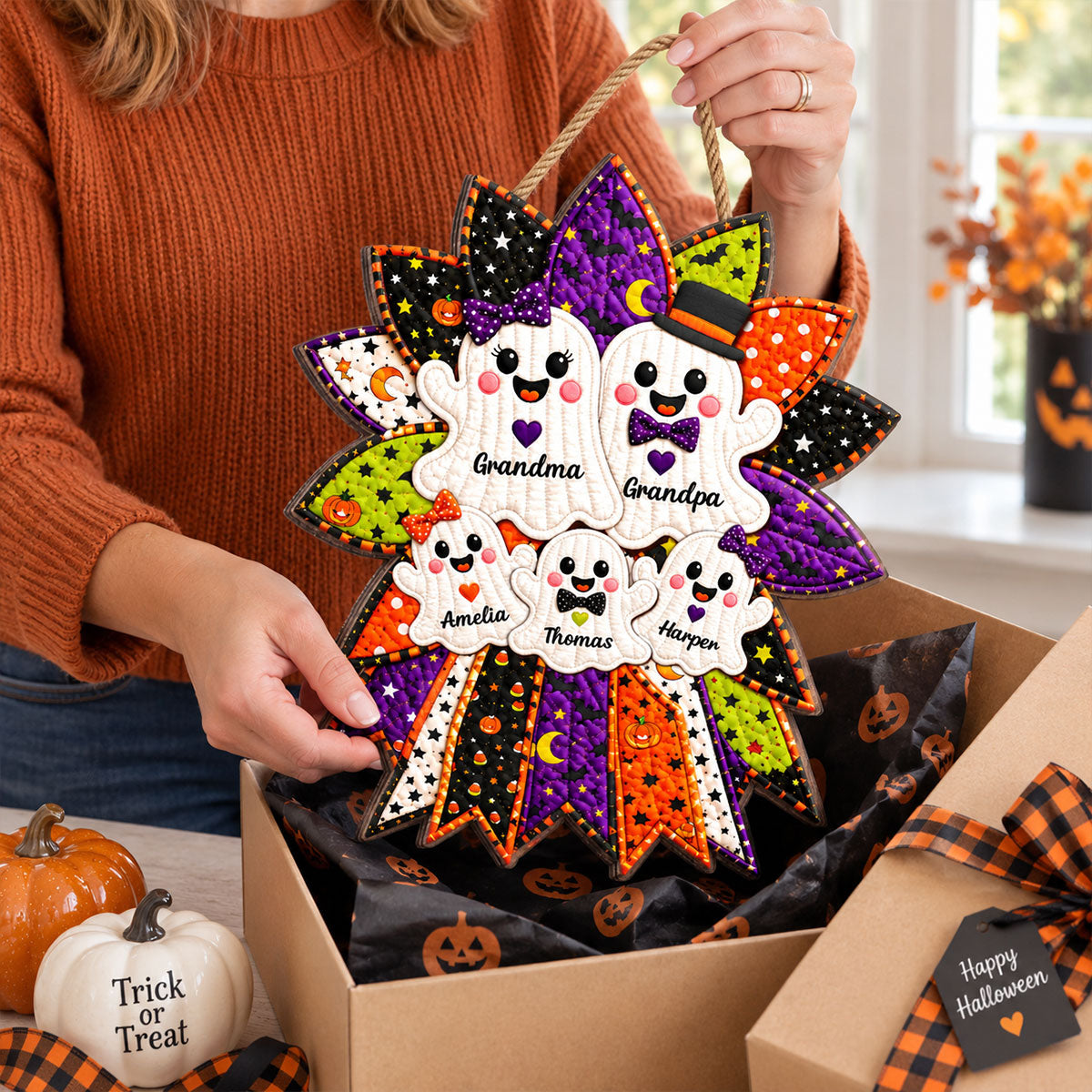 Quilted Effect Wreath Ghost Family 2D Flat - Personalized Wooden Sign - Halloween Decor for Grandma & Grandpa