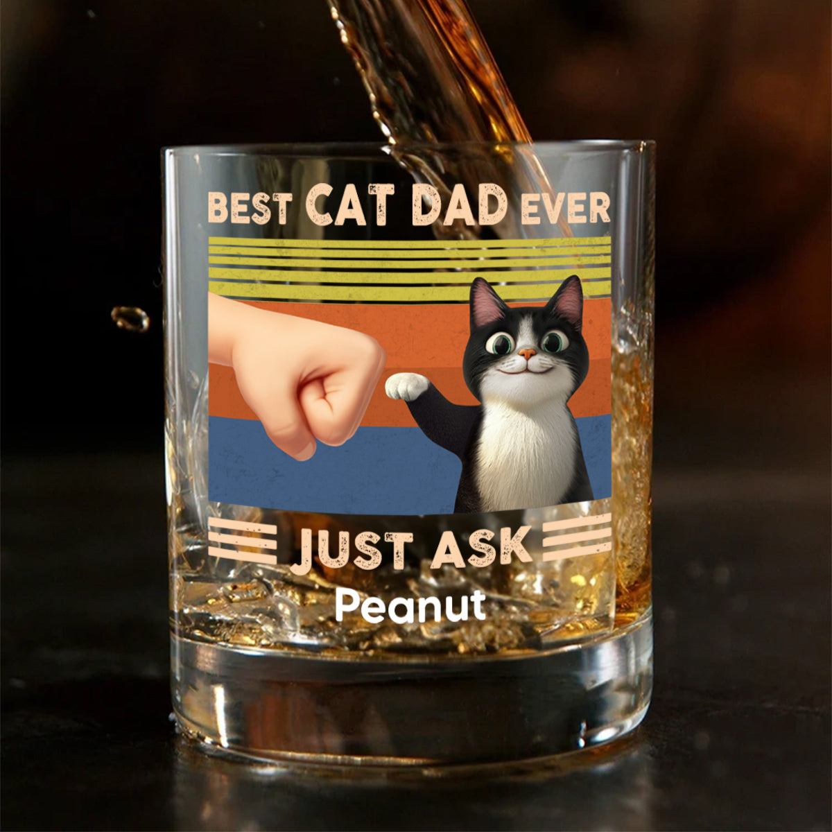 Best Cat Dad Cute Cartoon Cats Personalized Whiskey Glass, Father's Day Gift for Cat Dads
