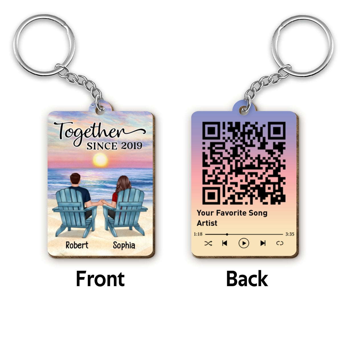 Couple Back View Sitting At Beach Favorite Song Scannable QR Code Personalized Wooden Keychain