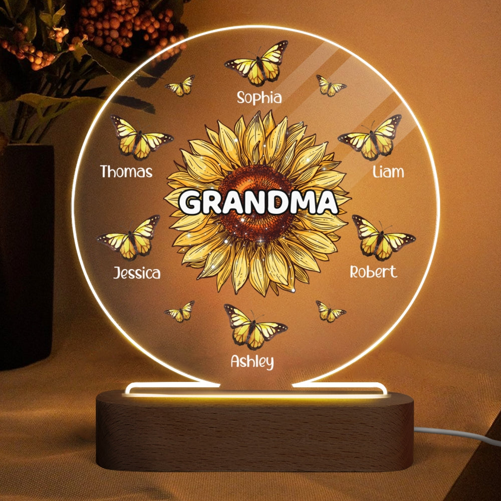 Sunflower Grandma Butterflies Grandkids Names Personalized Circle Acrylic Plaque LED Lamp Night Light