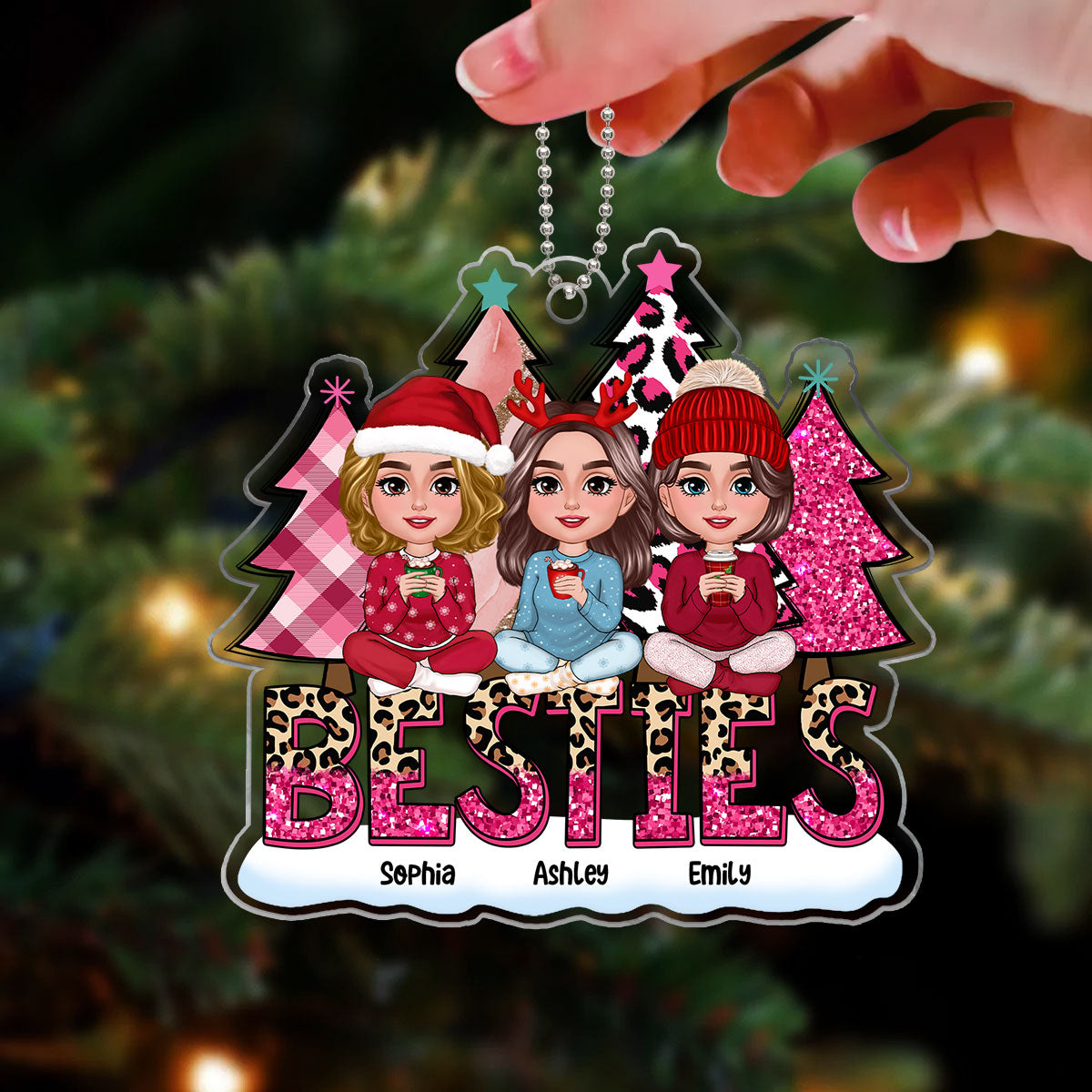 Pink Leopard Christmas Tree Doll Besties Sitting Personalized Acrylic Ornament