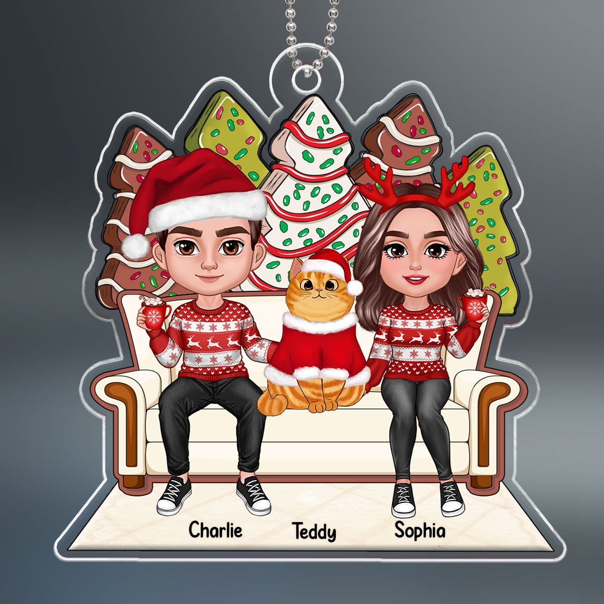 Christmas Gingerbread Tree Cake Patterned Couple & Cats On Sofa Personalized Acrylic Ornament