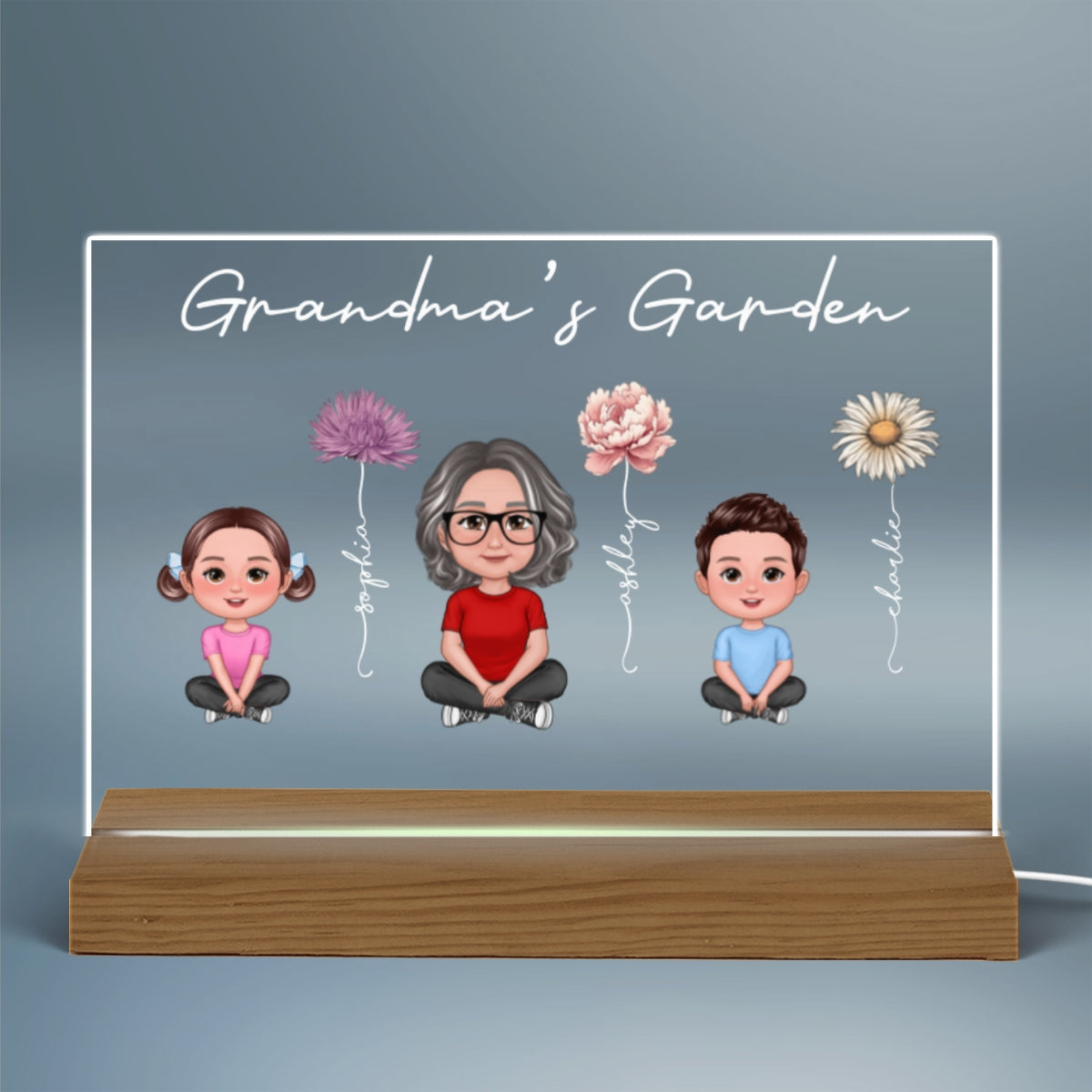 Grandma Grandkids Sitting Crossed Legs Birth Month Flowers Mother‘s Day Gift Personalized Warm Acrylic Plaque LED Night Light