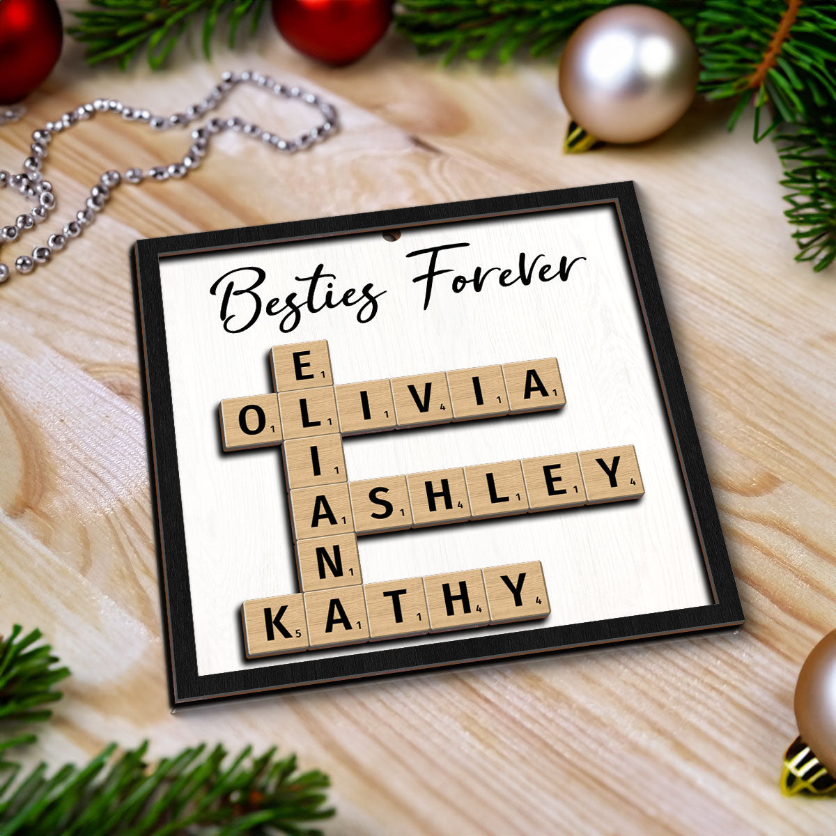 Besties Forever Unique Crossword Puzzle Art Christmas Gift For Best Friends Personalized 2-Layer Wooden Ornament