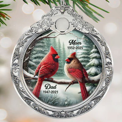 Winter Scene Memorial Cardinal 3D Effect - Personalized Glass Ornament With Silver Cap - Sympathy Gift Remembrance Keepsake