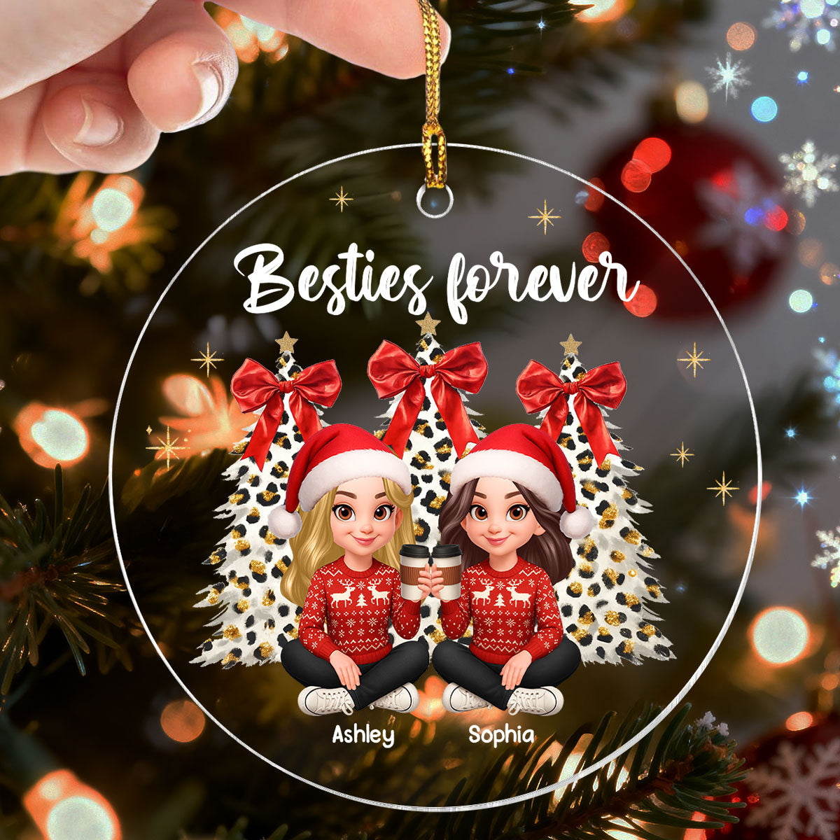 Besties Forever Leopard Coquette Christmas Tree - Personalized Acrylic Ornament