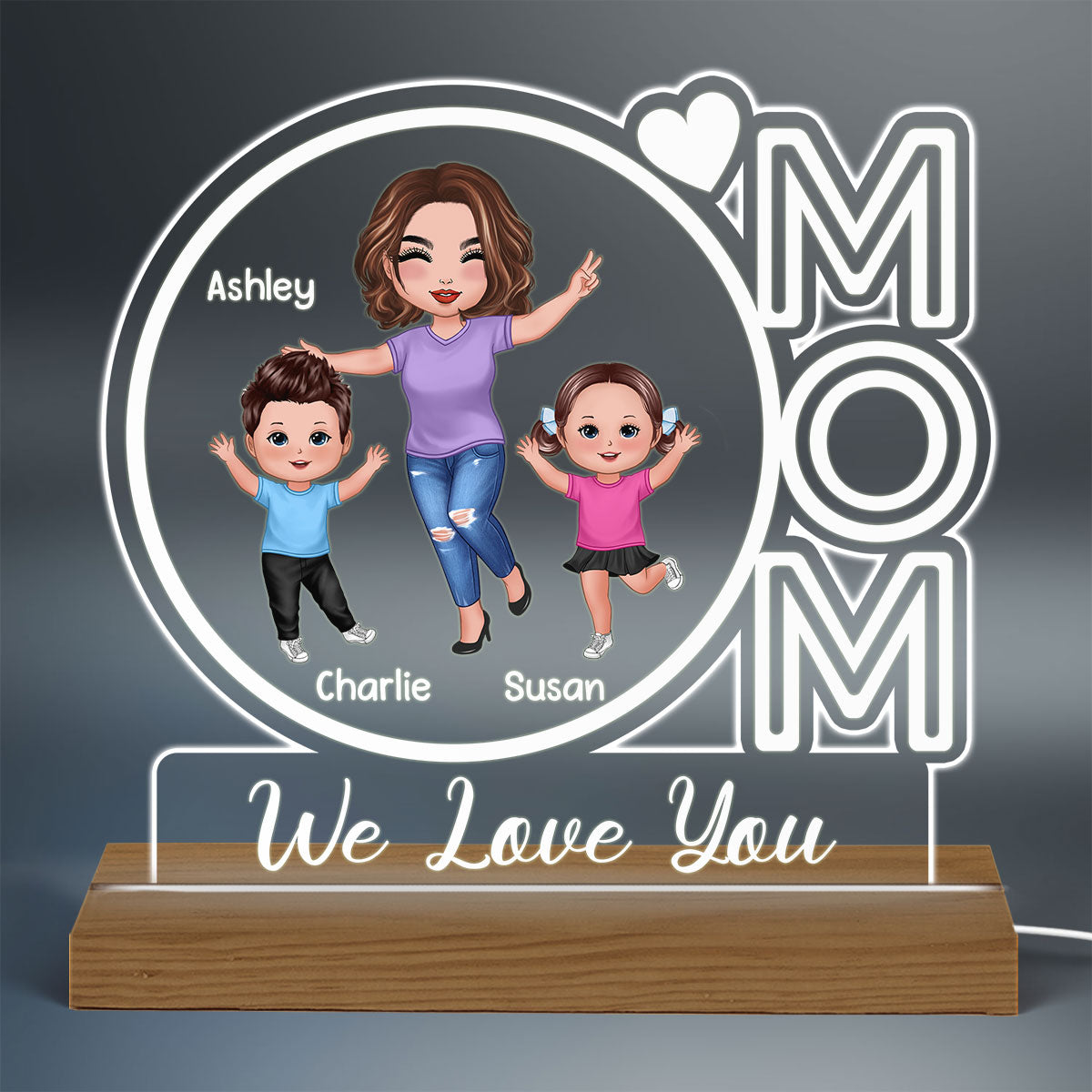MOM We Love You Happy Woman & Kids Personalized Custom Shape Acrylic Plaque With Warm LED Night Light