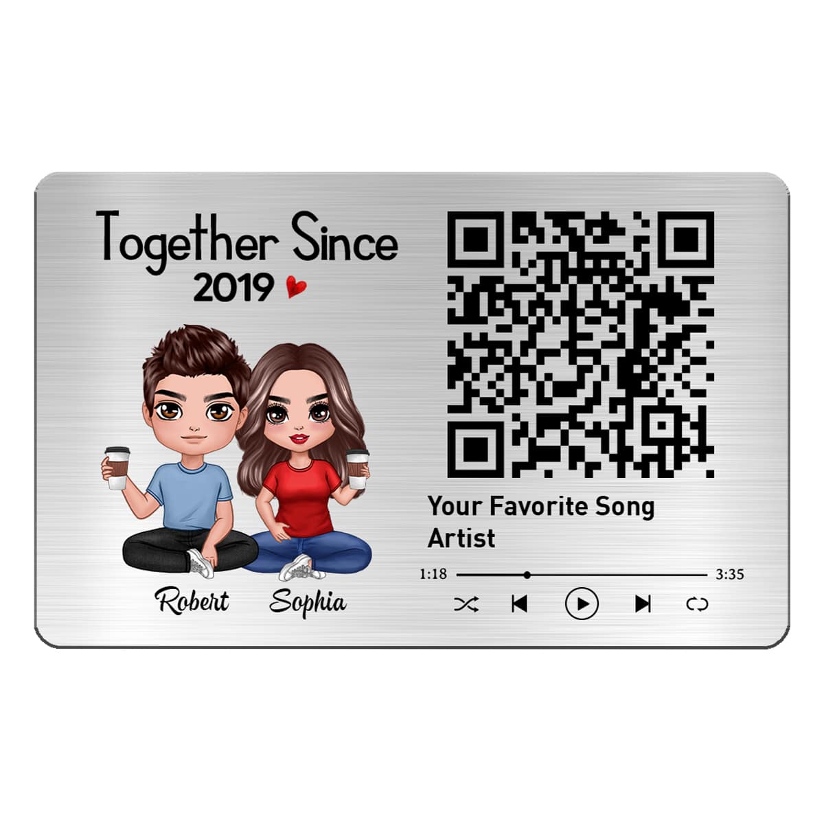 Doll Couple Sitting Together Favorite Song Scannable QR Code Personalized Metal Wallet Card