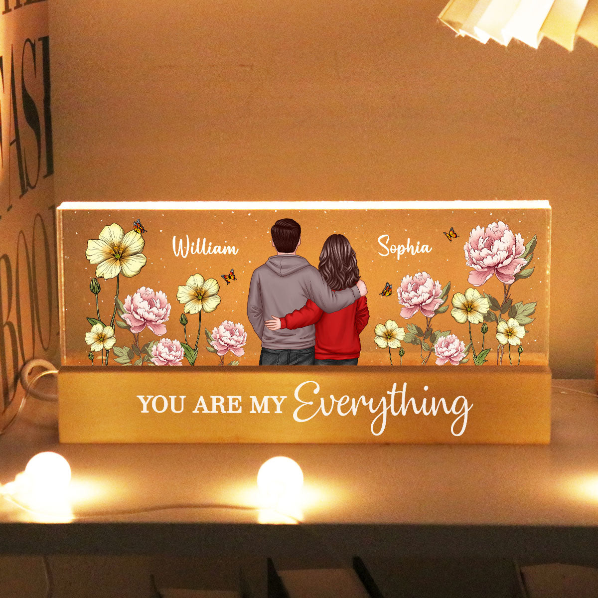 Couple Birth Month Flower - Personalized Acrylic Block Plaque LED Night Light - Gift for Him, Gift for Her