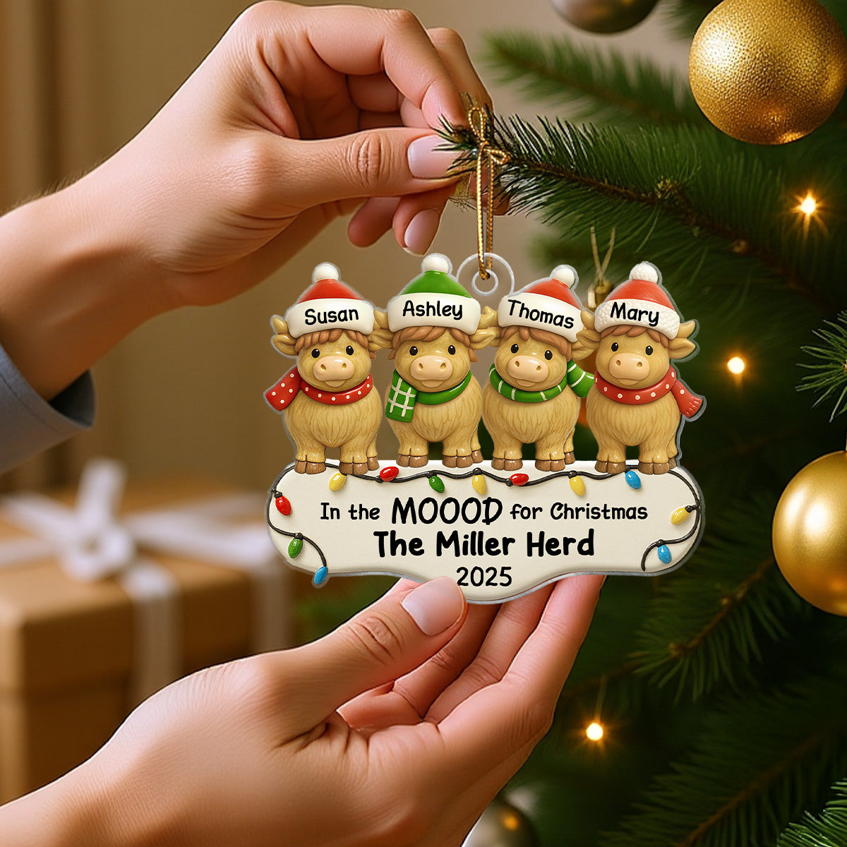 3D Effect Highland Cows Family Herd In The Moood For Christmas Personalized Acrylic Ornament, Christmas Decor
