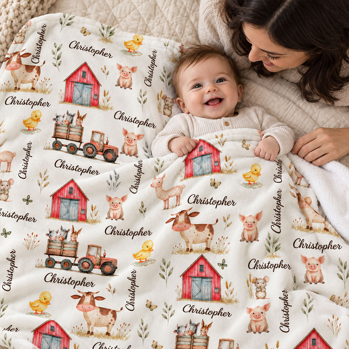 Farm Animal Print Custom Baby Name - Personalized Fleece Blanket - Nursery Farm Animal Theme For Baby Boy