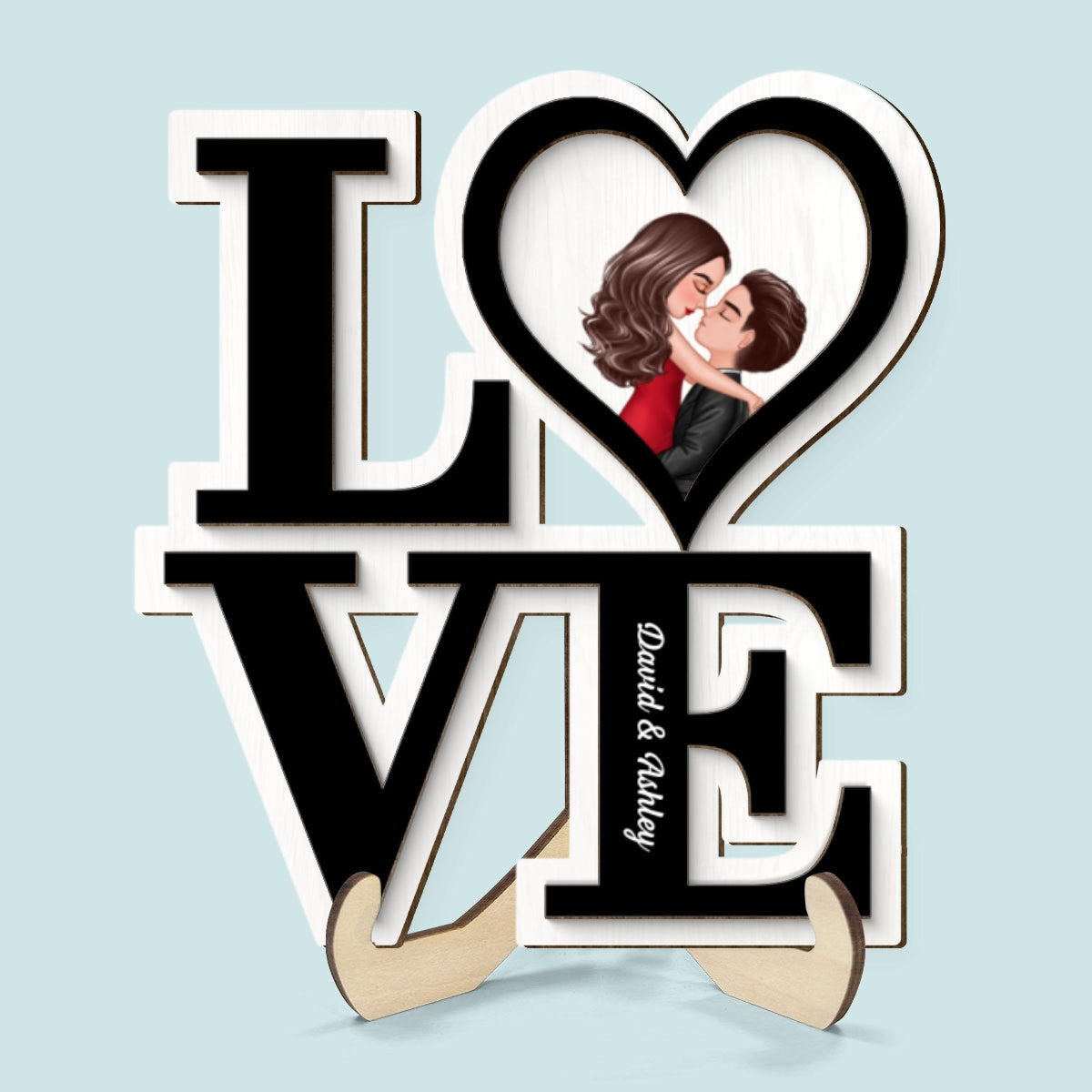 LOVE Stacked Couple Hugging Kissing  Gift For Him Gift For Her Personalized 2-layer Wooden Plaque