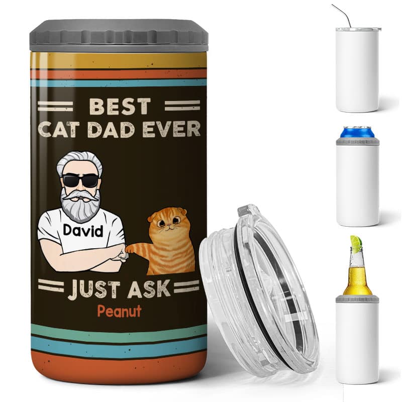 Best Cat Dad Ever Retro Personalized Tumbler 4 In 1 Can Cooler Christmas Gift For Dad