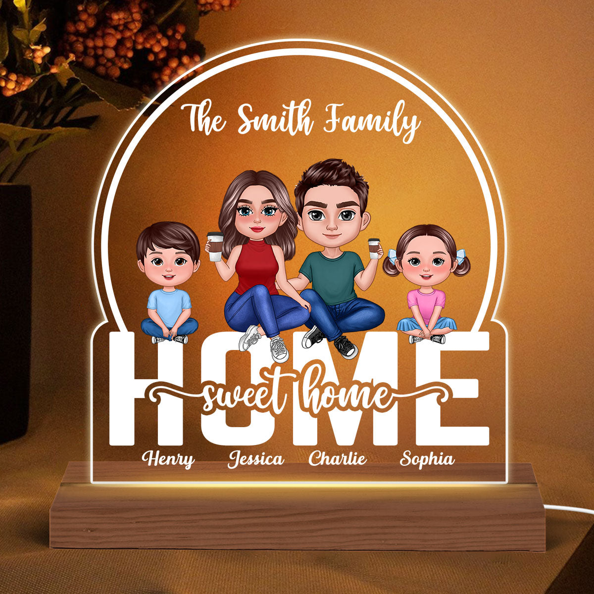Home Sweet Home Family Couple & Kids Personalized Custom Shape Acrylic Plaque With Warm LED Night Light