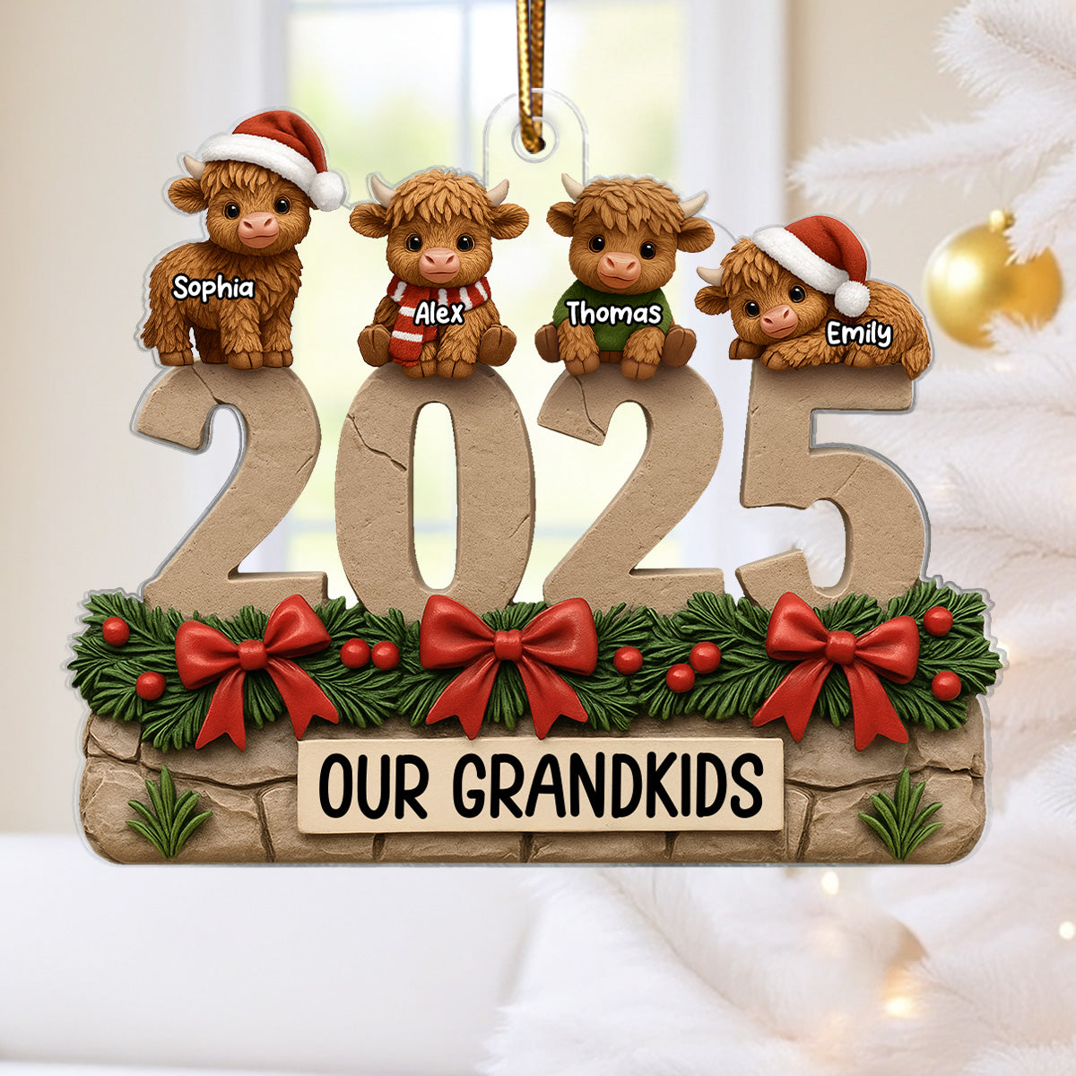 3D Effect Christmas Highland Cows Our Grandkids - Personalized Acrylic Ornament - Gift For Grandparents, Grandkids