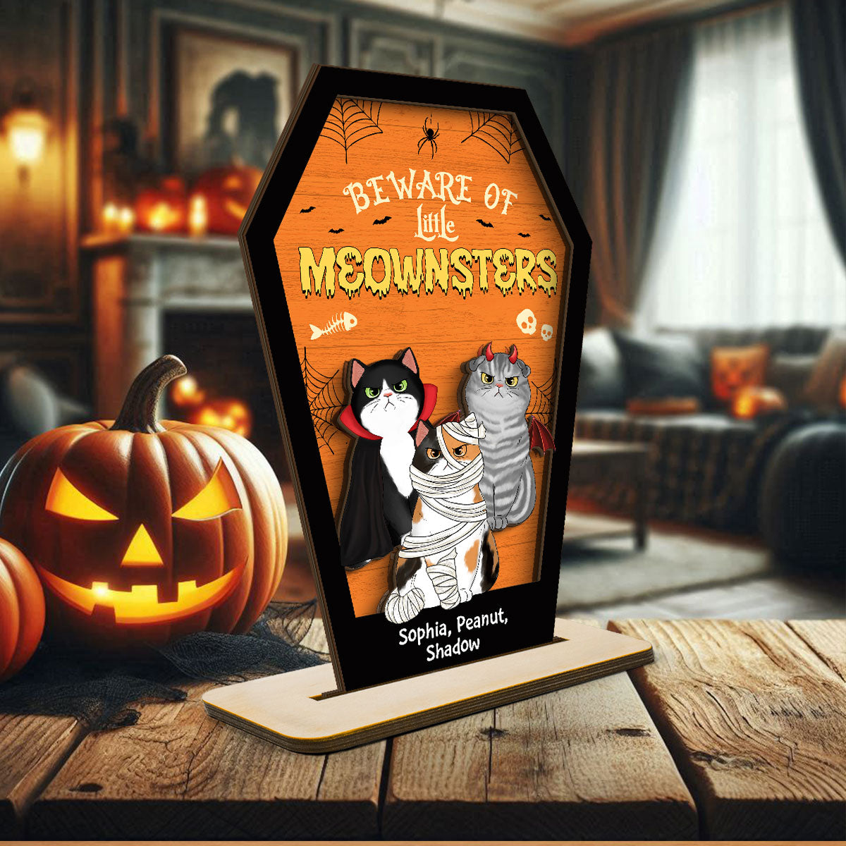 Beware Of Little Meownsters Coffin Shaped Personalized 2 Layer Standing Wooden Plaque, Halloween Tiered Tray Decor
