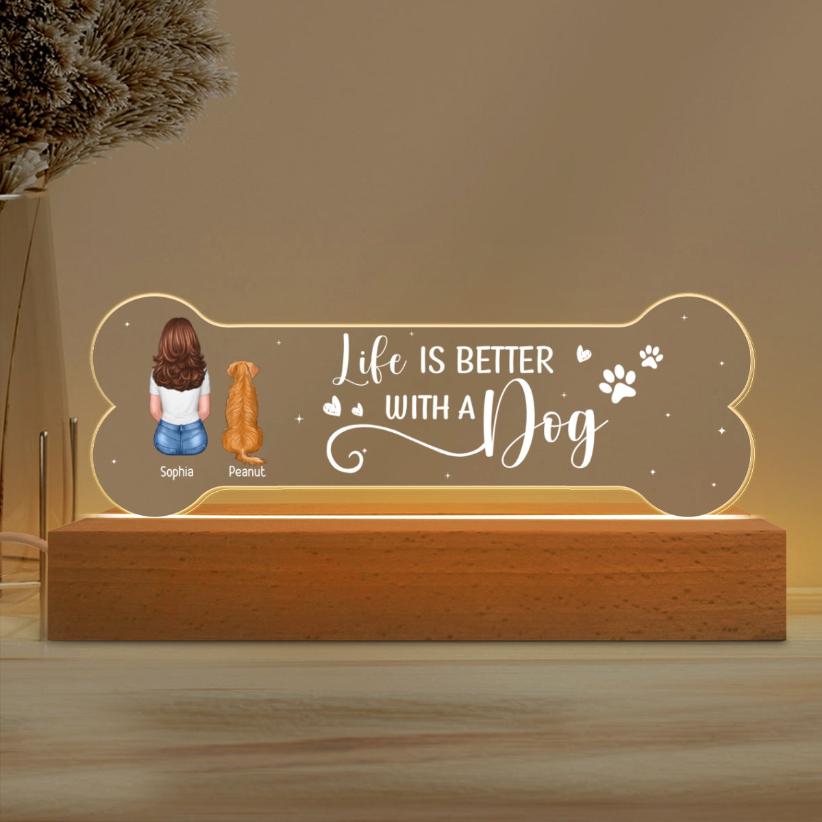 Pawfect Gift For Dog Lover Bond Can‘t Be Broken Personalized Bone Shaped Acrylic Block LED Night Light