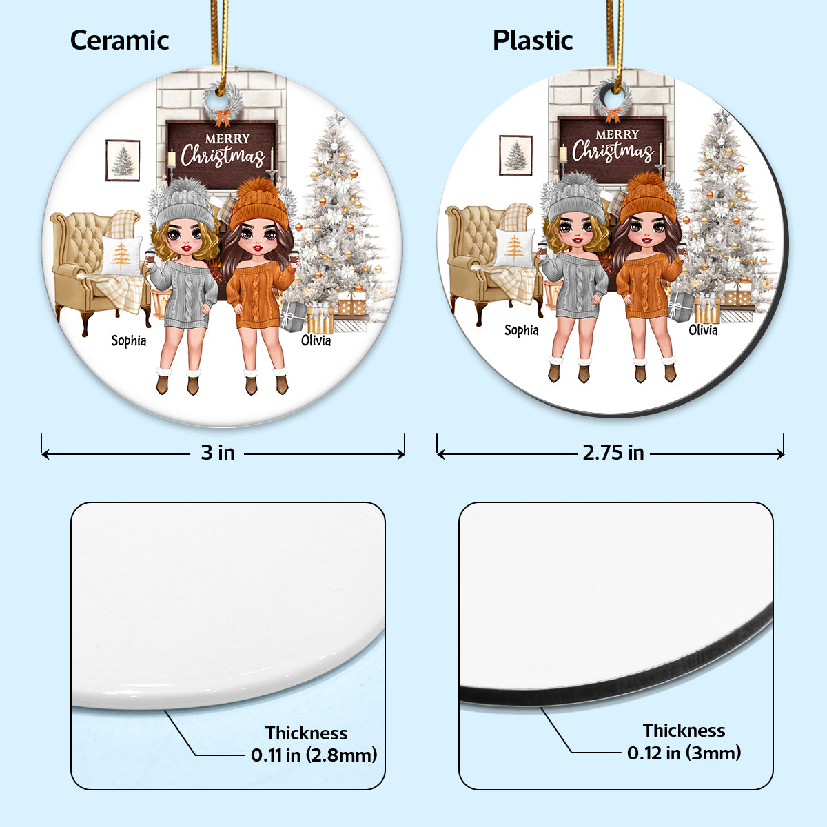 Orange And White Christmas Doll Besties Sisters Standing Personalized Circle Ornament