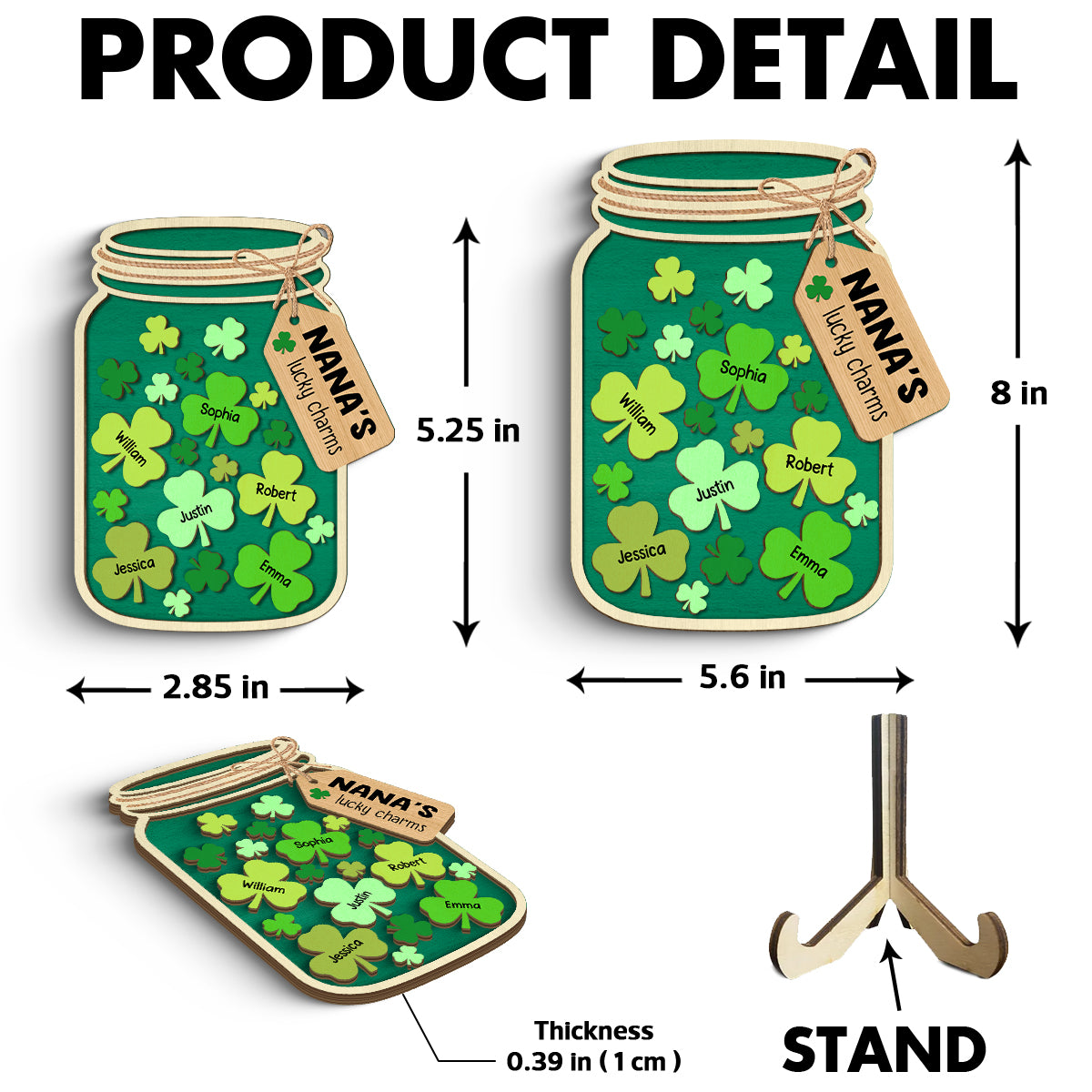 Grandma Mom Lucky Charm Jar St. Patrick's Day Personalized 2-layer Wooden Plaque