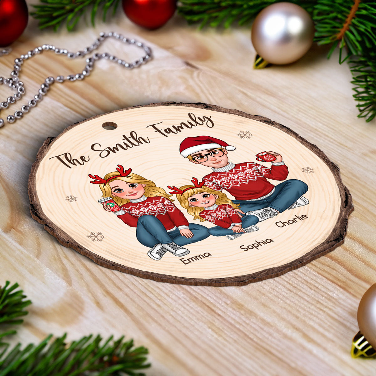 Animated Family Wood Slice Christmas Personalized Wooden Ornament