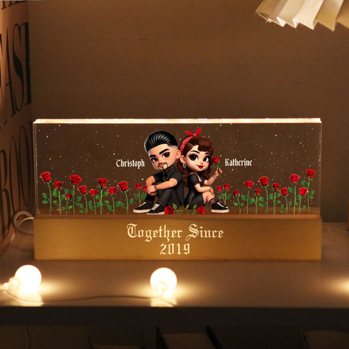 Pretty Couple Roses Heart Together Since Personalized Acrylic Block LED Night Light,  Gift, Anniversary Gift for Couples