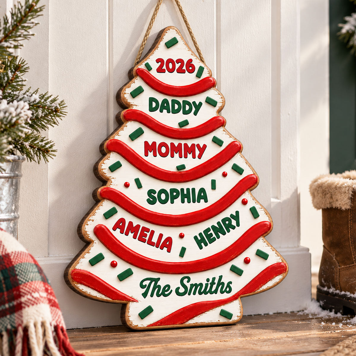 Custom Family Name Christmas Tree Cake - Personalized Wooden Door Sign - Christmas Decor