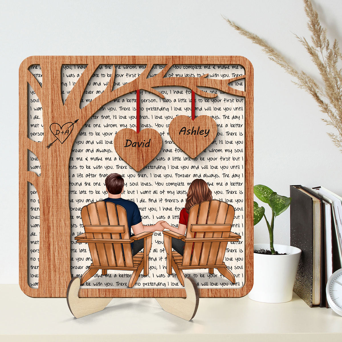Couple Back View Sitting Under Tree Letters Background Personalized 2-Layer Wooden Plaque