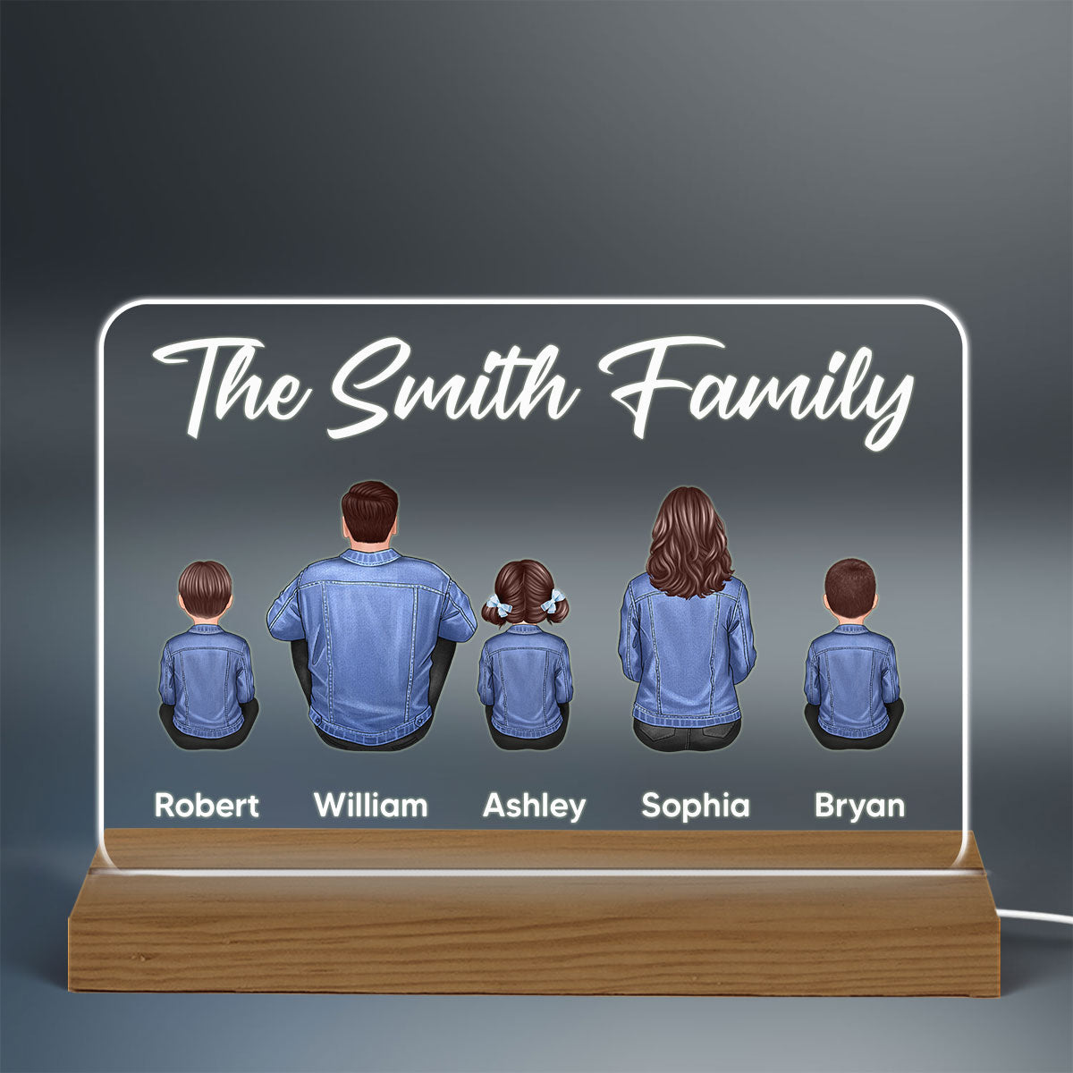 Whole Family Back View Denim Couple Dad Mom Kids Dogs Cats Sitting Personalized Custom Shape Warm LED Night Light