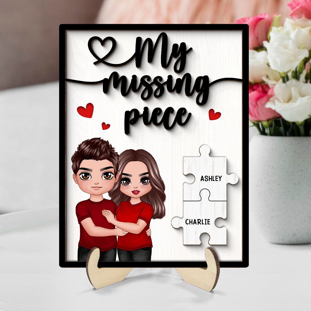 My Missing Piece Couple Hugging Standing Valentine‘s Day Gift For Her Gift For Him Personalized 2-Layer Wooden Plaque