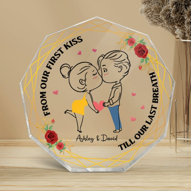 Chibi Couple Kissing Outline Personalized Nonagon Acrylic Plaque - Gift For Him Gift For Her