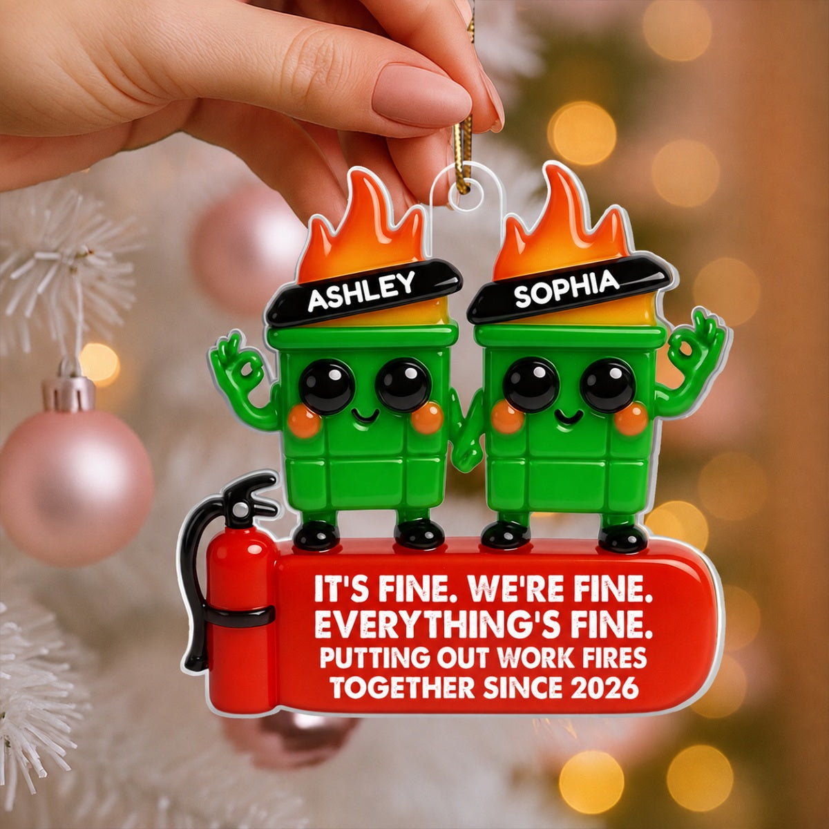 Colleagues Putting Out Work Fire Together 3D Effect - Personalized Acrylic Ornament - Funny Humor Christmas Gift for Coworkers, Colleagues