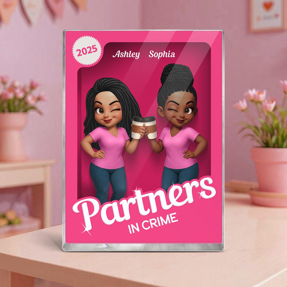 Besties Forever Pink 3D Effect Action Figure - Personalized Acrylic Block Plaque - Meaningful Gift For Best Friend